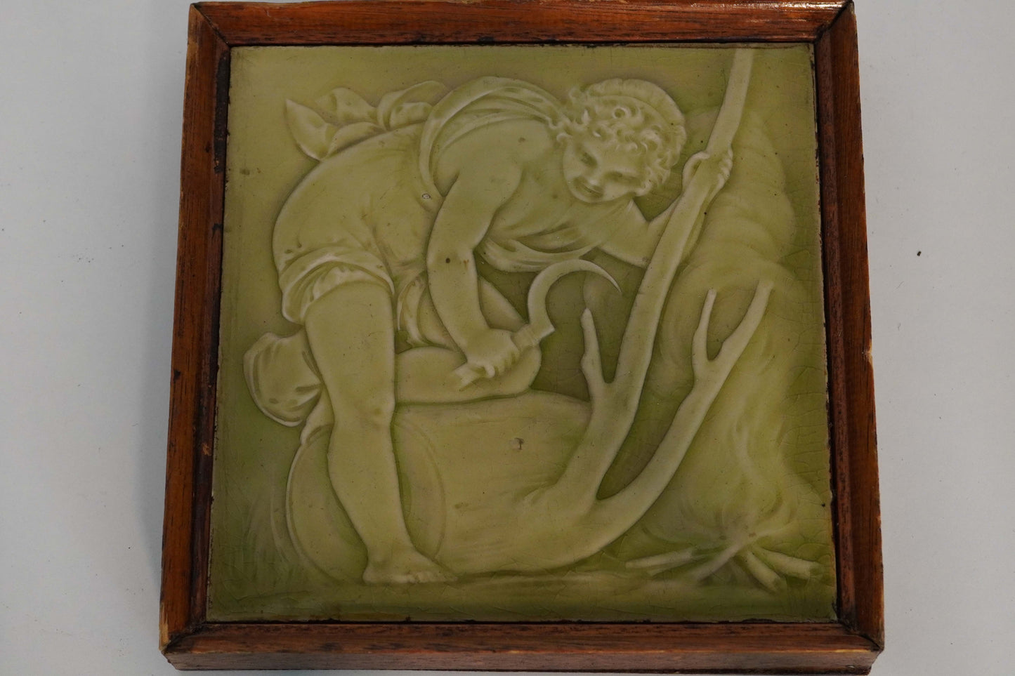 Enamelled Relief Tiles in Wooden Frames - Set of 2 Cherub Scenes