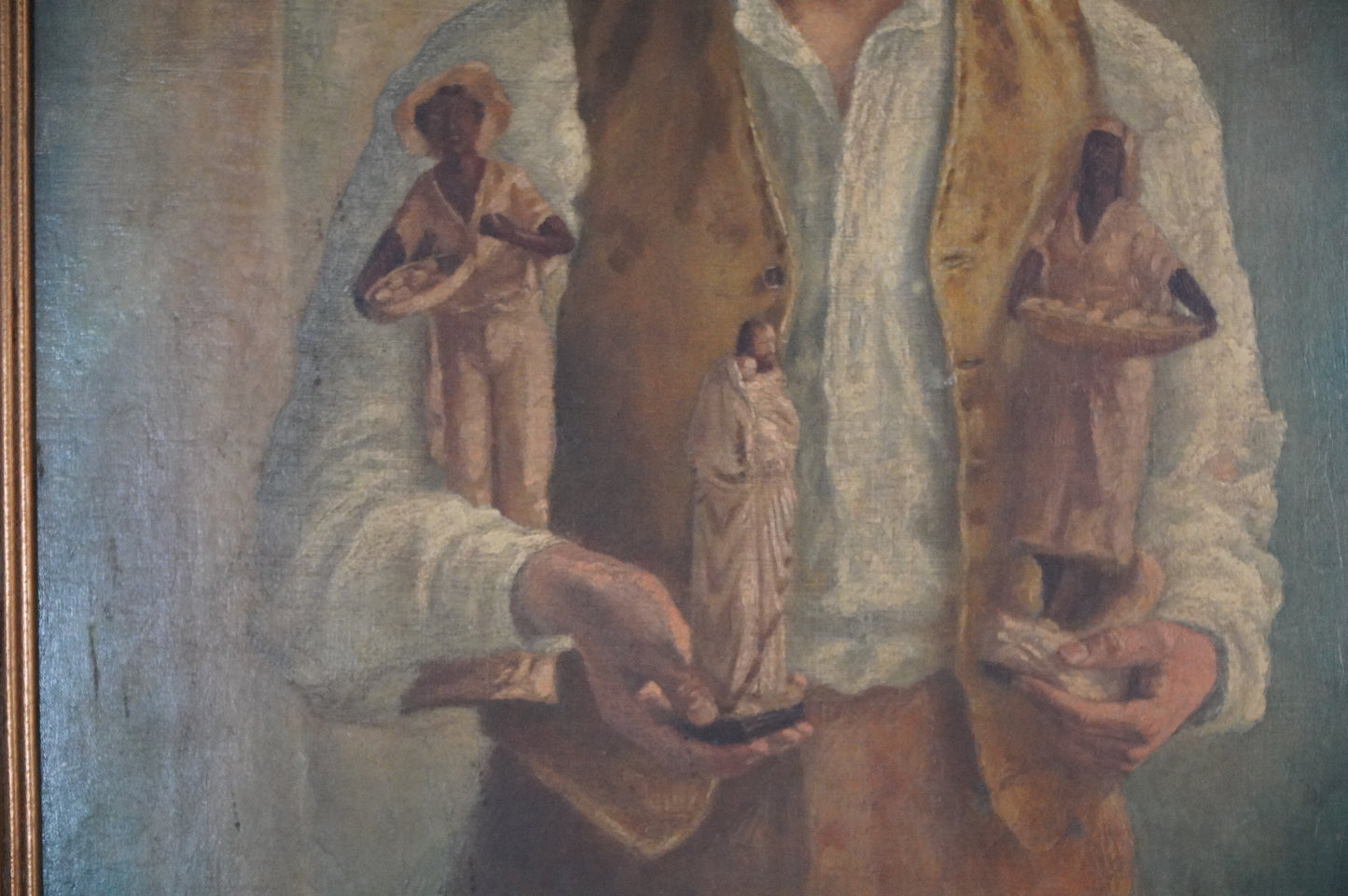 Antique F.E. Cox 1899 Oil Painting: Young Boy with Artisan Figures