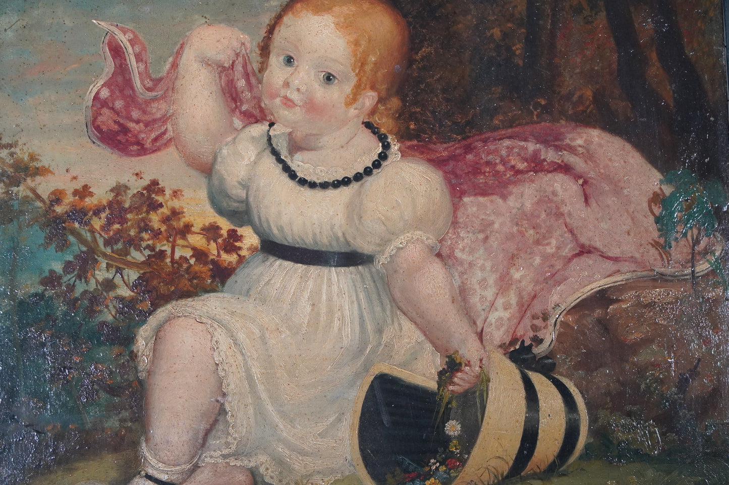 19th Century Oil Painting of a Young Girl with Basket – Charming Victorian Era Artwork